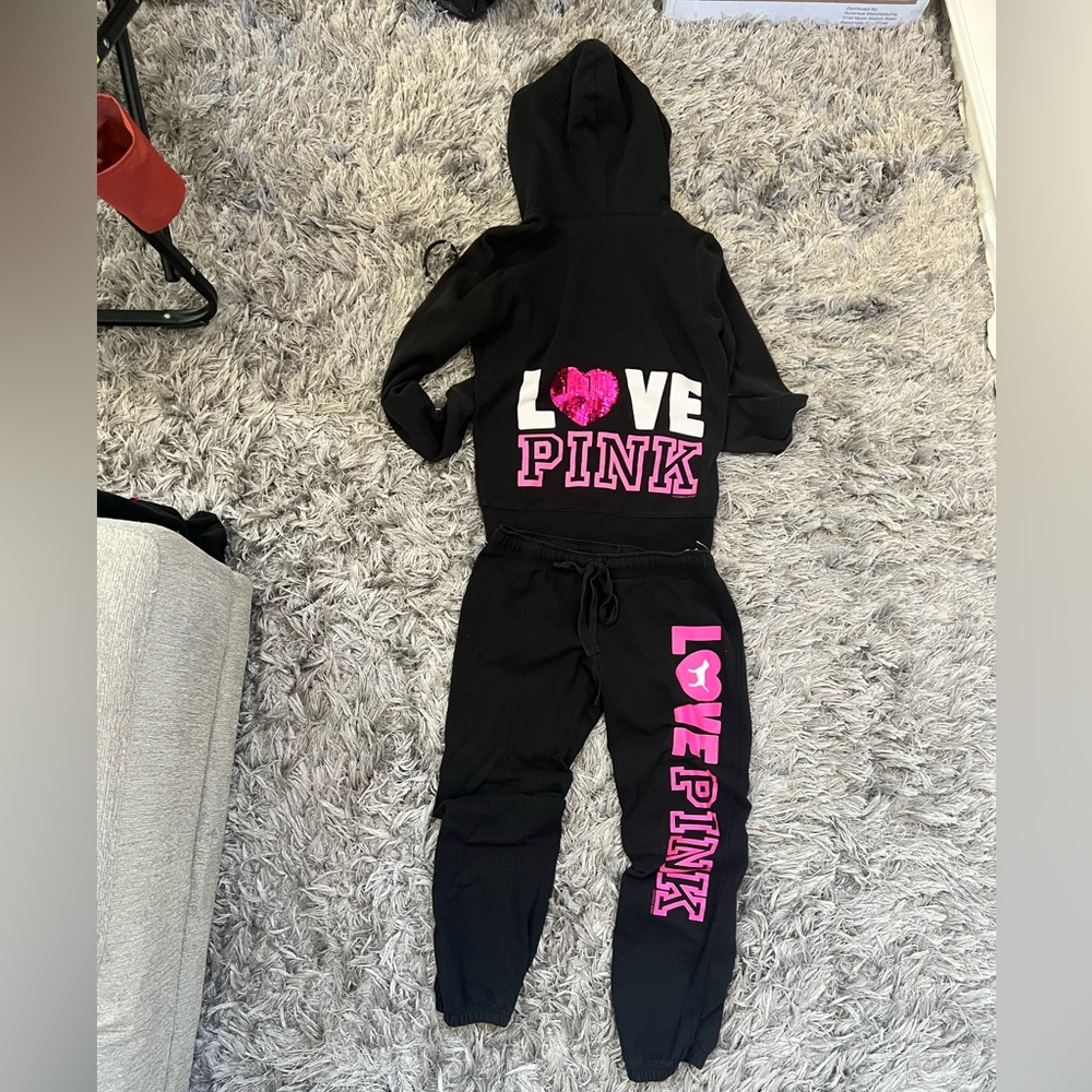 2 sets Pink Victoria Secrets sequin & jewel hoodies  & joggers  sz XS